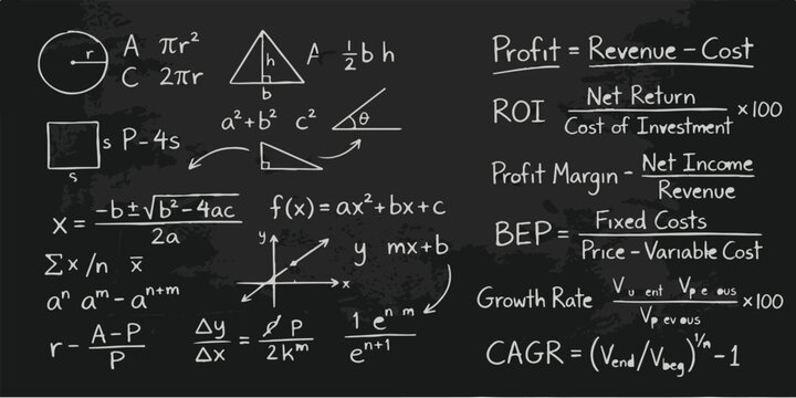 Geometry algebra and financial formulas on a blackboard with algebraic equations business math return investment profit margin break even point growth rate geometry shapes chalkboard
