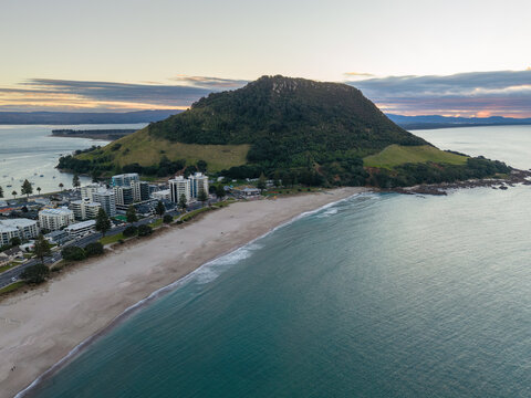 Aerial view of Mount Maunganui, New Zealand, at dusk