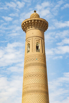 The top of the Palvan Kari Minaret (built in 1905) in the Dishan Kala, the outer town of Khiva, Uzbekistan