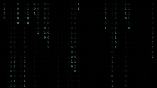 Green binary code streaming down a dark digital background