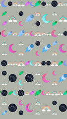 Seamless pattern of cartoon celestial elements and rainbows © Dimas