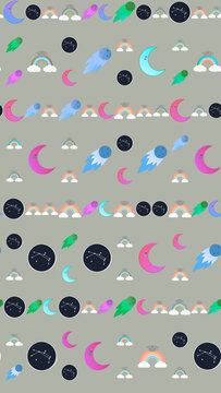 Seamless pattern of cartoon celestial elements and rainbows