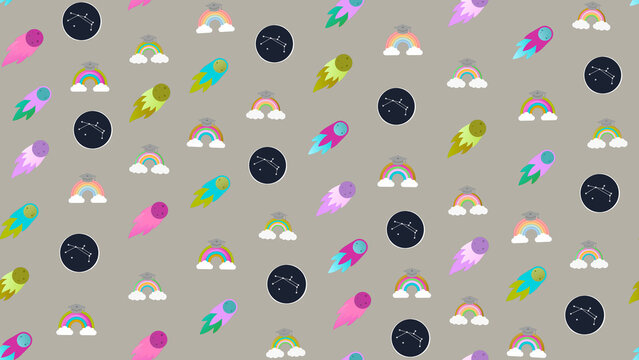 Seamless pattern of comets, rainbows with graduation caps