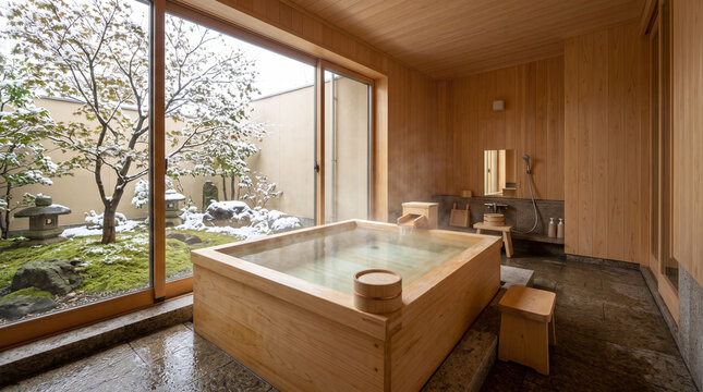 Luxury Japanese bathroom with steaming hinoki wooden bathtub and window view of snowy moss garden