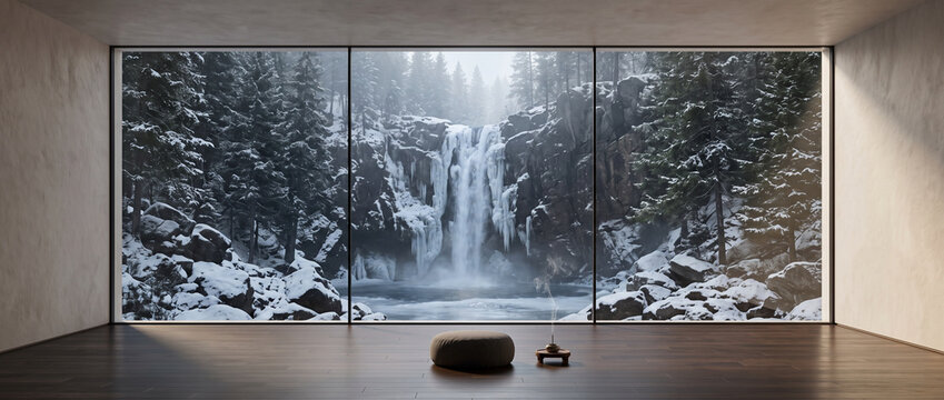 Minimalist zen meditation room with panoramic window view of a frozen waterfall in winter forest
