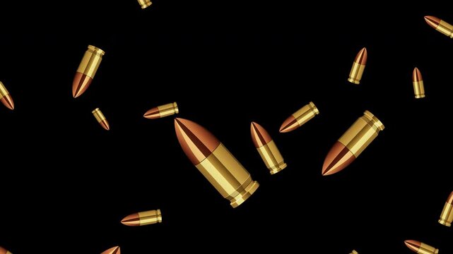 Gun Ammunition Falling on a Transparent Alpha Background Animation. Pistol Ammo flying. Bullet Rain. Realistic style small bullets fall from above. 4K Seamless loop.