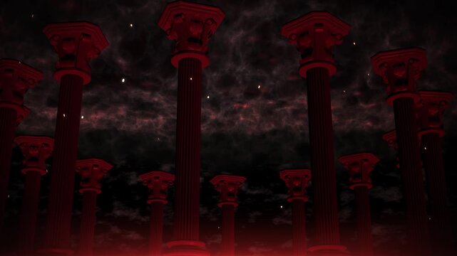 Low Angle Forest of Tall Red Columns in a Cloudy Night Sky Loop