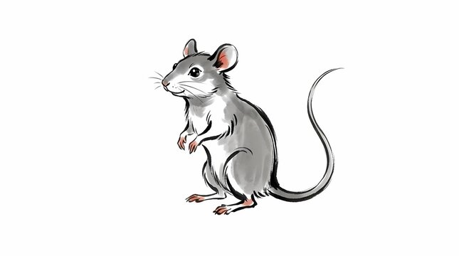 Cute hand drawn illustration of a small grey mouse standing on hind legs.