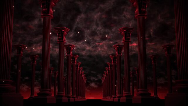 Avenue of Red Columns Toward a Glowing Horizon Loop