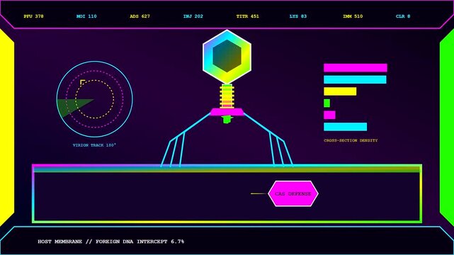 Digital displays showing crispr genome editing processes with animated viral structures interacting with genetic strands during a continuous cycle of molecular biology simulation in dark laboratories