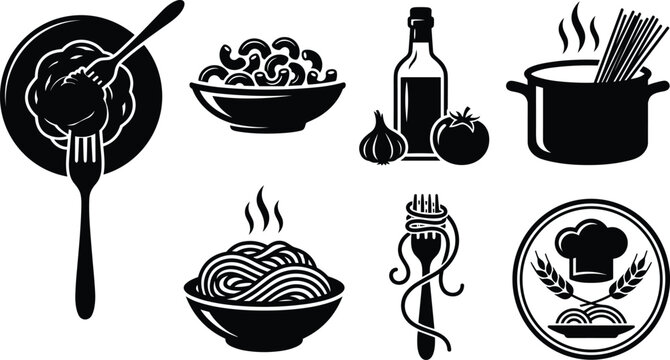 Pasta and spaghetti culinary vector icons set featuring boiling pot macaroni bowl olive oil tomato and chef hat emblem