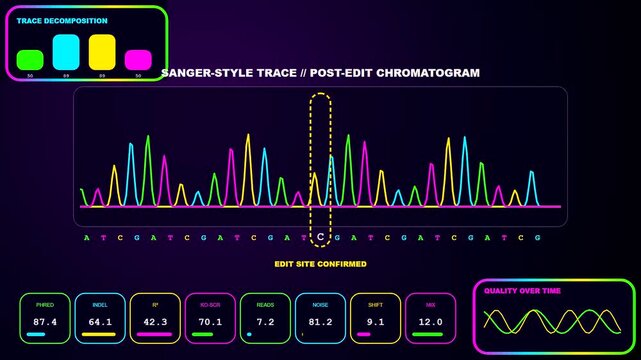 A digital display featuring crisp genome editing software shows neon glowing gene sequences and colorful data charts to visualize complex molecular biology research through screen interfaces