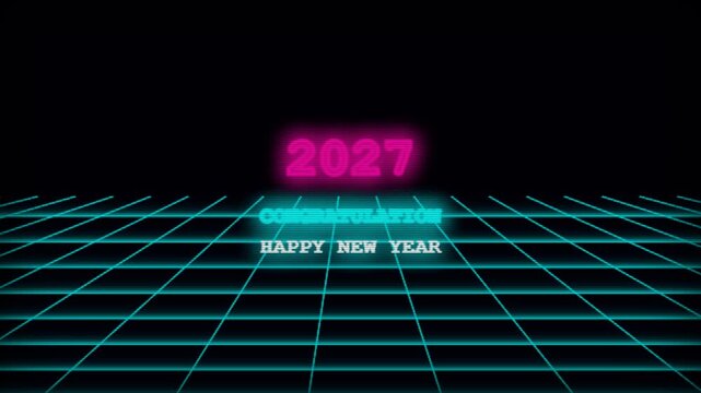 Retro futuristic synthwave grid animation with glowing neon numbers 2027 and happy new year text