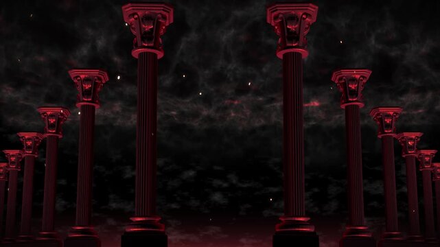 Mirrored Rows of Red Corinthian Columns Under a Cloudy Sky Loop