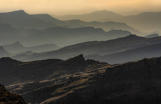 View of the rugged peaks and layered ridges of the Sulaiman Mountains at sunset in De-excluded Area Dera Ghazi Khan, Punjab, Pakistan.
