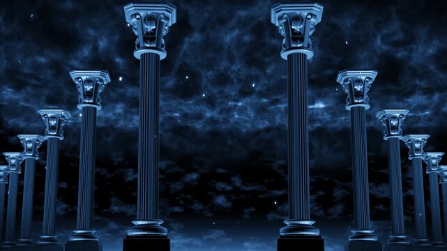 Mirrored Rows of Blue Corinthian Columns Under a Cloudy Sky Loop