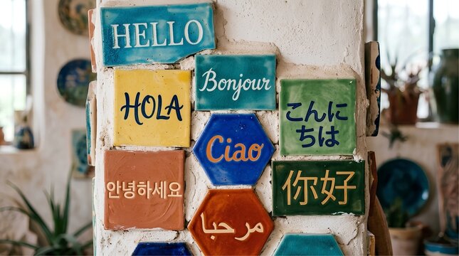 Colorful Ceramic Wall Tiles Featuring Hello Greetings in Different Languages Around the World