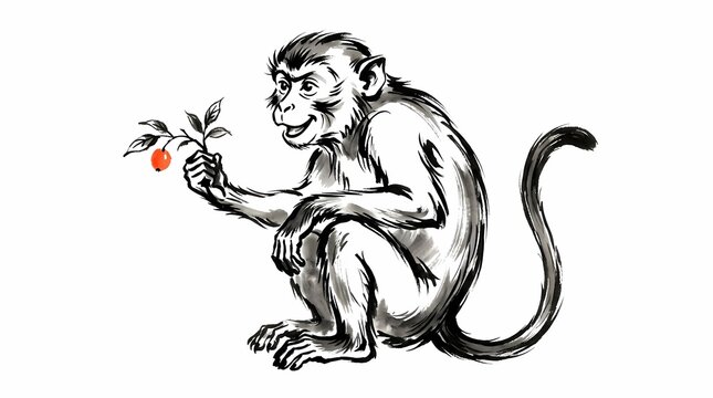 Ink drawing of a monkey holding a small fruit twig.