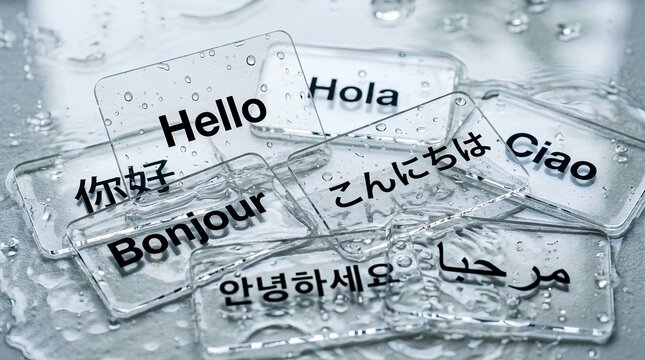 Transparent Glass Cards with Hello Greetings in Different Languages and Water Droplets