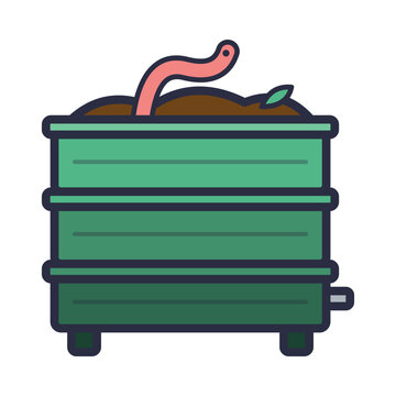 Stacked green worm bin trays with rich soil and cute pink earthworm peeking out, vermicompost flat vector icon isolated on white background