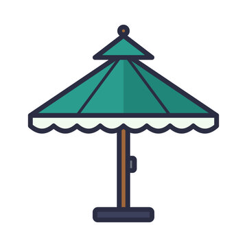 Teal market umbrella with vented double canopy, scalloped cream valance and wooden pole, flat vector icon isolated on white background