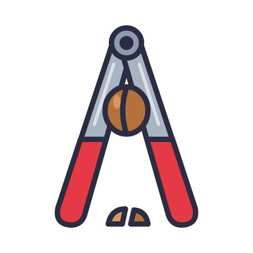 Steel nutcracker nut sheller with red grips cracking a brown walnut, flat cartoon kitchen tool vector icon isolated on white background