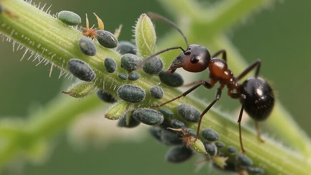 Ant tending aphids on green stem during daylight with selective focus