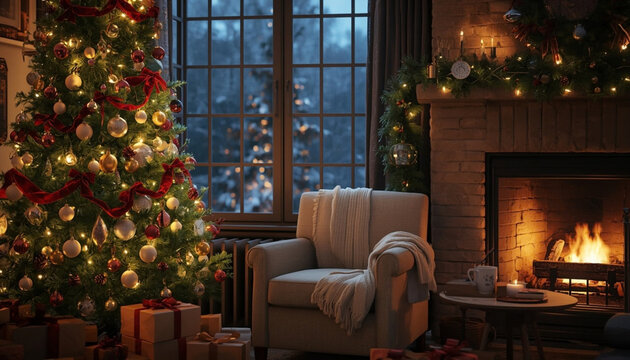Cozy living room on Christmas Eve with decorated tree, fireplace and gifts, snowfall outside the window