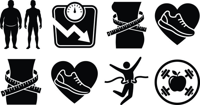 Weight loss and fitness vector icons set featuring body transformations scales measuring tape running shoe and marathon winner