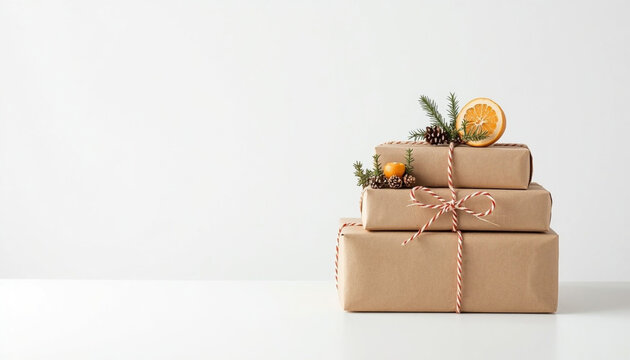 Eco-friendly Christmas gift boxes wrapped in kraft paper with twine and pine on white background, copy space