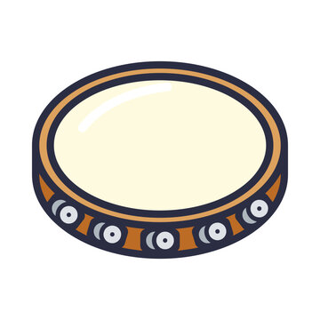 Wooden tambourine with cream drumhead and shiny metal jingles, three quarter view, flat cartoon vector icon isolated on white background