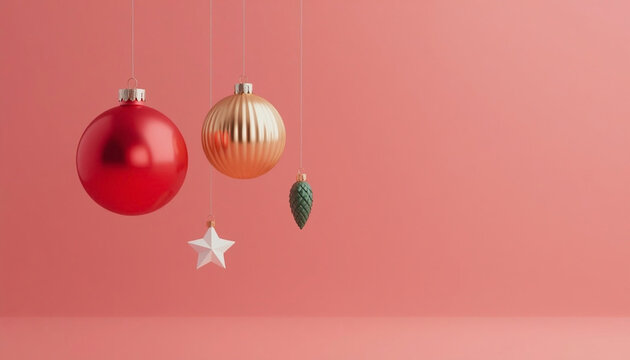 Minimal 3D render of floating red and gold Christmas ornaments on pastel red background with copy space