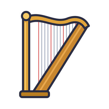 Golden concert harp with curved neck, column, soundboard and colorful strings, flat cartoon vector icon isolated on white background