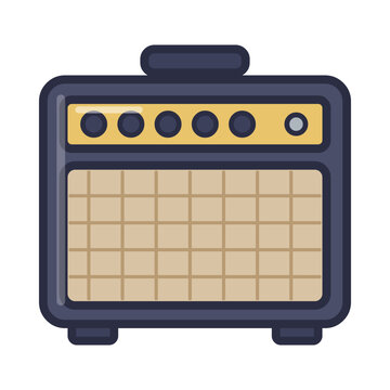 Vintage guitar combo amplifier with handle, yellow control panel knobs and woven speaker grille cloth, flat vector icon isolated on white background