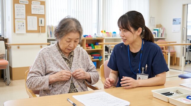 高齢女性の衣服のボタン操作を見守る日本人作業療法士