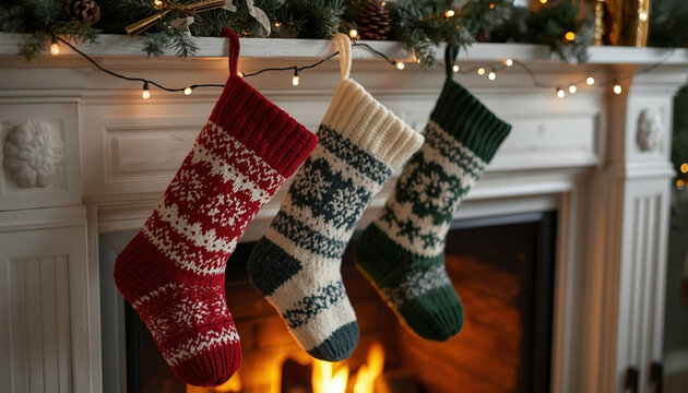 Knitted Christmas stockings hanging on fireplace mantel with pine garland and fairy lights