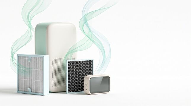 Air purifier with various types of filters and air quality monitor on a white background with clean air waves