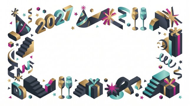 Festive Isometric New Year 2021 Party Celebration Frame