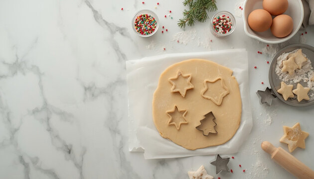 Christmas cookie baking with dough, cookie cutters, rolling pin and flour on marble counter, top view with copy space