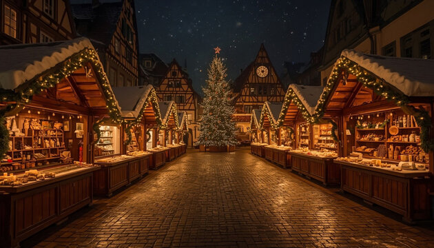 Traditional Christmas market at night with wooden stalls, string lights and illuminated tree in historic town square