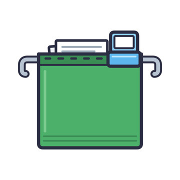 Green hanging file folder with metal hook rods, clip-on plastic index tab and papers inside, flat vector icon isolated on white background