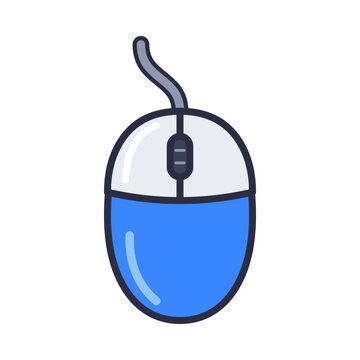Blue wired computer mouse with scroll wheel and cable, top view of PC peripheral vector icon isolated on white background