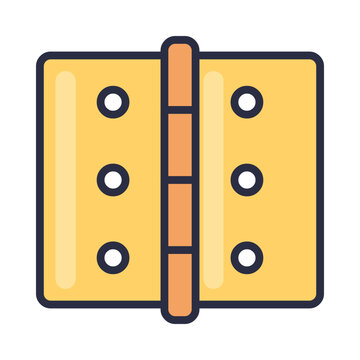 Brass door hinge opened flat with central knuckle barrel and screw holes, flat colorful vector icon isolated on white background