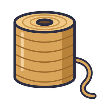 Brown jute twine spool with loose end, natural rope roll for crafts and packing, flat vector icon isolated on white background