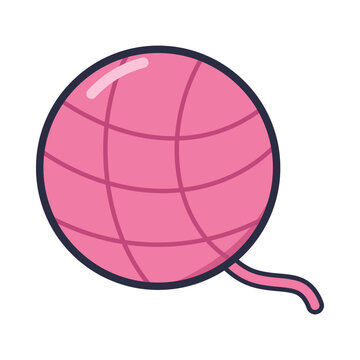 Pink yarn ball with wound threads and loose strand for knitting and crochet, flat vector icon isolated on white background