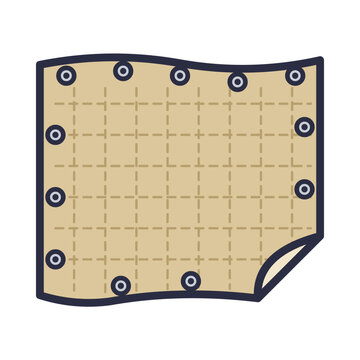 Beige woven canvas fabric sheet with metal grommets along the edges and a folded corner, flat vector icon isolated on white background
