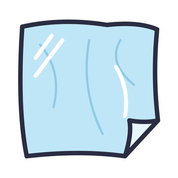 Transparent plastic sheet with wrinkles and folded corner, clear film wrap material, flat vector icon isolated on white background