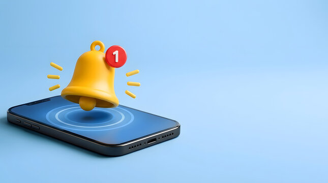 3D Rendering of a Modern Smartphone with a Yellow Floating Notification Bell Icon and a Red Badge Showing One New Message Alert on a Clean Blue Background with Copy Space for Text