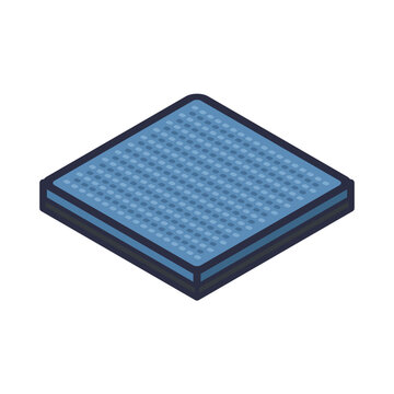 Blue textured carpet tile square with soft tufted fibers and dark backing edge, 3D flat flooring vector icon isolated on white background