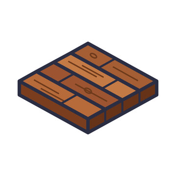 Hardwood flooring section with rich brown solid wood planks, grain and knots, flat colorful vector icon isolated on white background